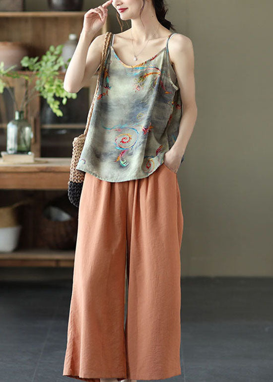 Grey Print Patchwork Linen Spaghetti Strap Tank O Neck Summer Ada Fashion