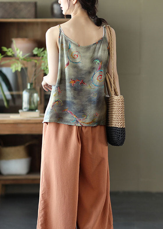 Grey Print Patchwork Linen Spaghetti Strap Tank O Neck Summer Ada Fashion