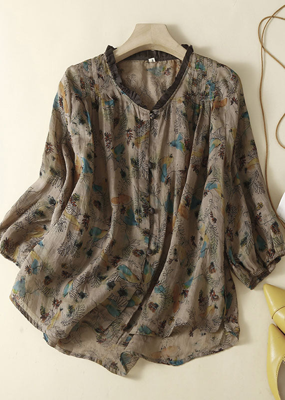 Grey Print Patchwork Linen Top Ruffled Button Summer Ada Fashion