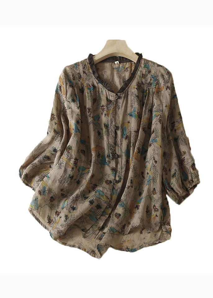 Grey Print Patchwork Linen Top Ruffled Button Summer Ada Fashion