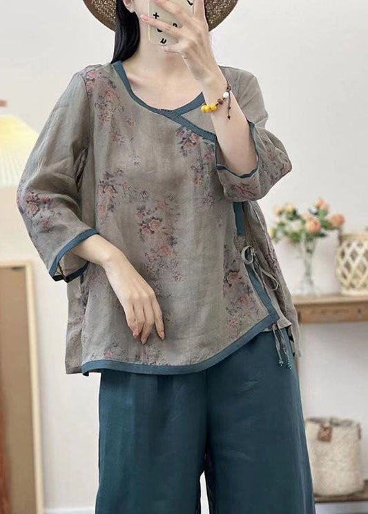 Grey Print Patchwork Linen Tops O Neck Lace Up Summer LY4131 - fabuloryshop