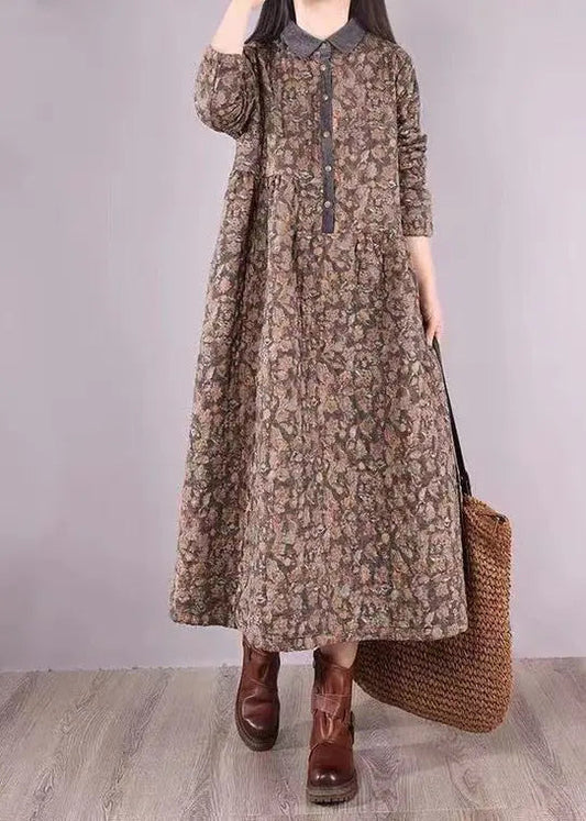 Grey Print Pockets Patchwork Fine Cotton Filled Dress Wrinkled Winter Ada Fashion