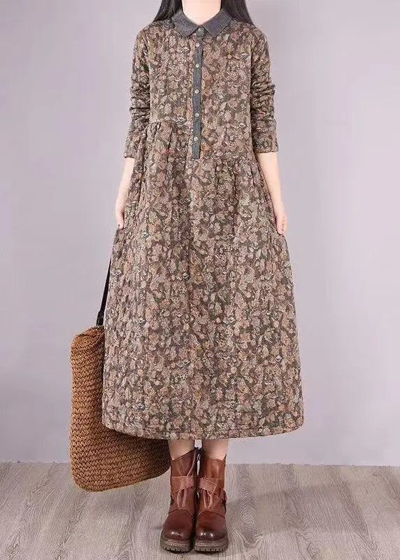 Grey Print Pockets Patchwork Fine Cotton Filled Dress Wrinkled Winter Ada Fashion