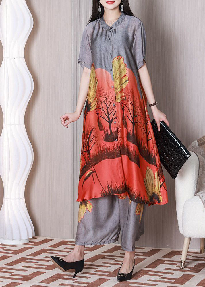 Grey Silk Shirt Dress And Wide Leg Pant Two Piece Set Outfits Oversized Summer LY3768 - fabuloryshop