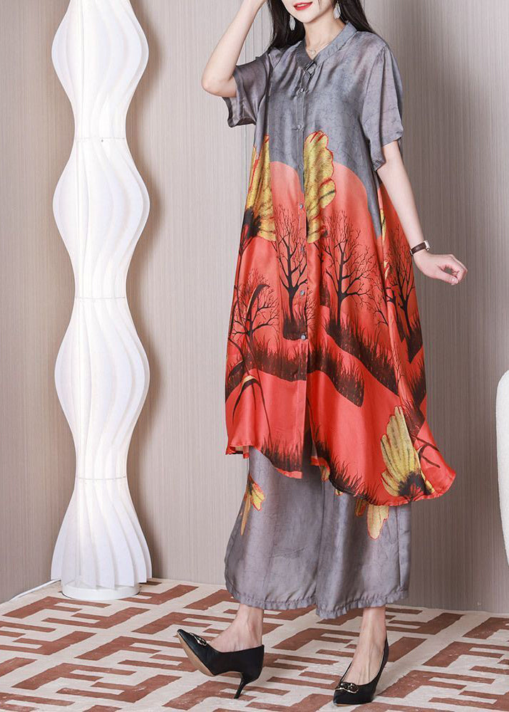 Grey Silk Shirt Dress And Wide Leg Pant Two Piece Set Outfits Oversized Summer LY3768 - fabuloryshop