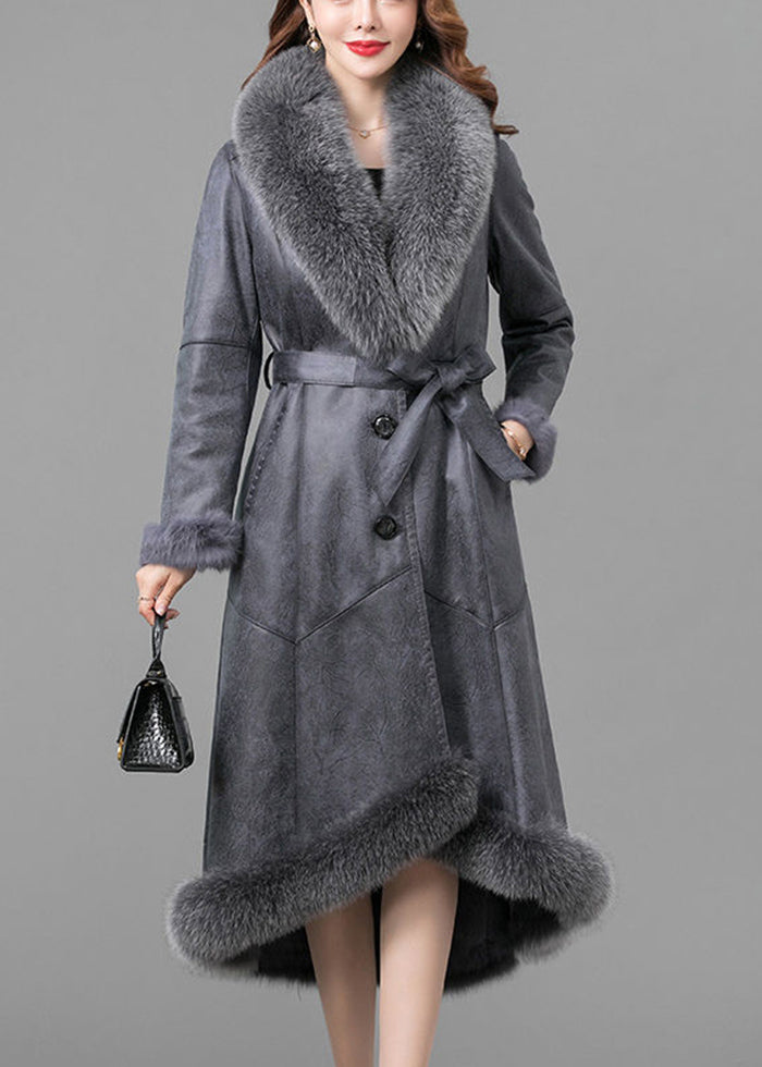 Grey Silm Fit Fuzzy Rabbit Leather And Fur Jacket Fox Collar Winter Ada Fashion