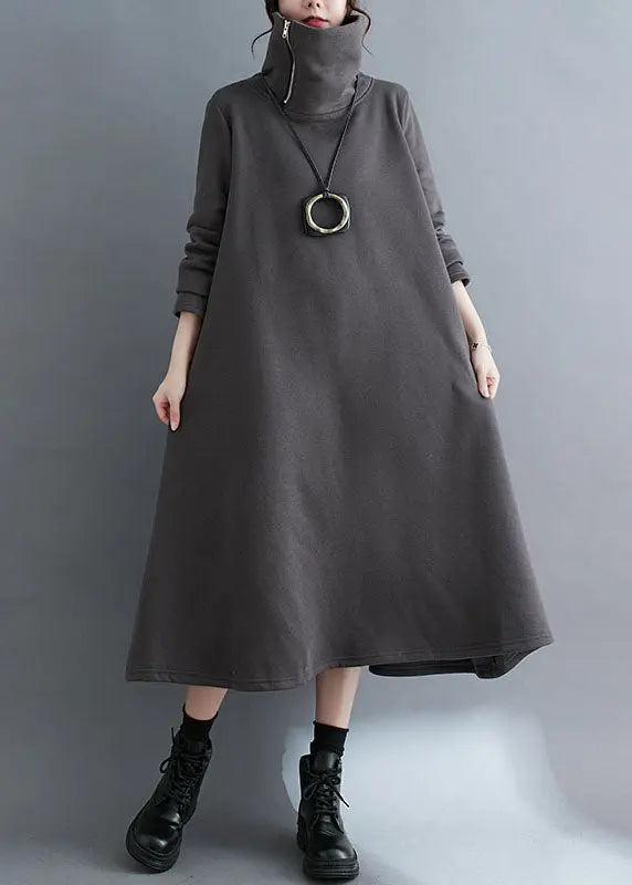 Grey Zippered Fleece Dress Maxi Sweatshirt Dress Winter Ada Fashion