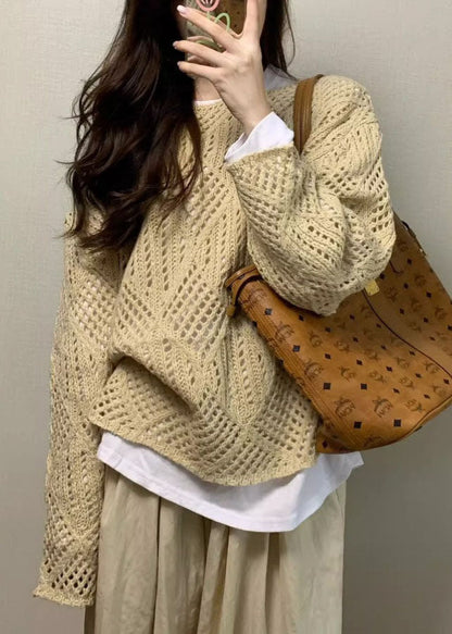 Handmade Apricot Hollow Out Knit Sweater Fall Ada Fashion