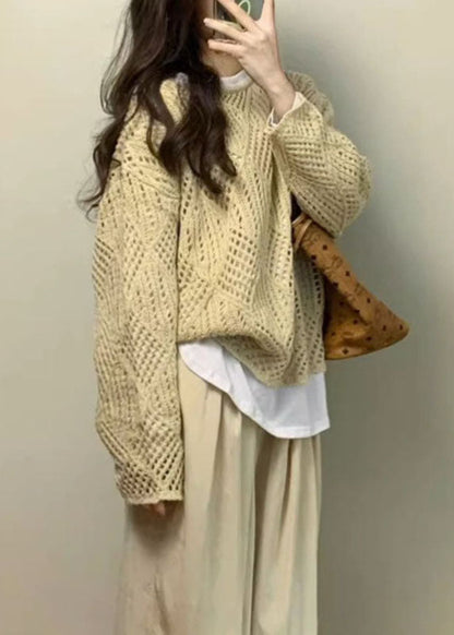 Handmade Apricot Hollow Out Knit Sweater Fall Ada Fashion