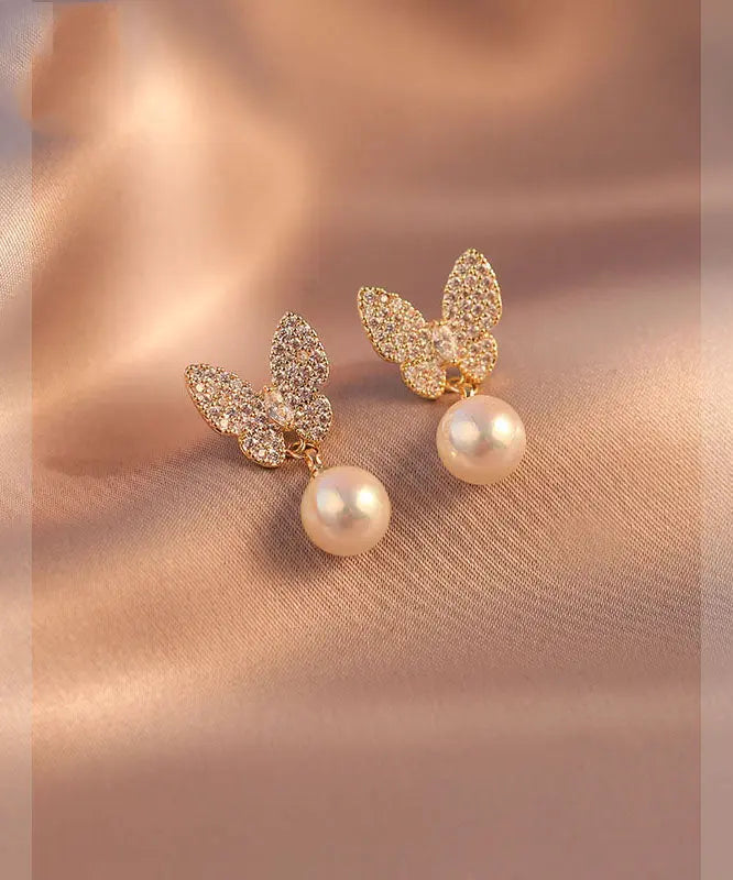 Handmade Apricot Pearl Zircon Asymmetric Butterfly Drop Earrings Ada Fashion