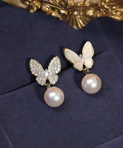 Handmade Apricot Pearl Zircon Asymmetric Butterfly Drop Earrings Ada Fashion