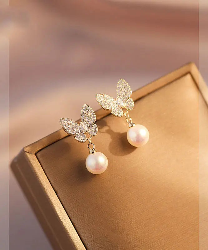 Handmade Apricot Pearl Zircon Asymmetric Butterfly Drop Earrings Ada Fashion