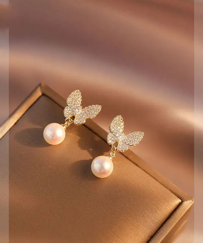 Handmade Apricot Pearl Zircon Asymmetric Butterfly Drop Earrings Ada Fashion