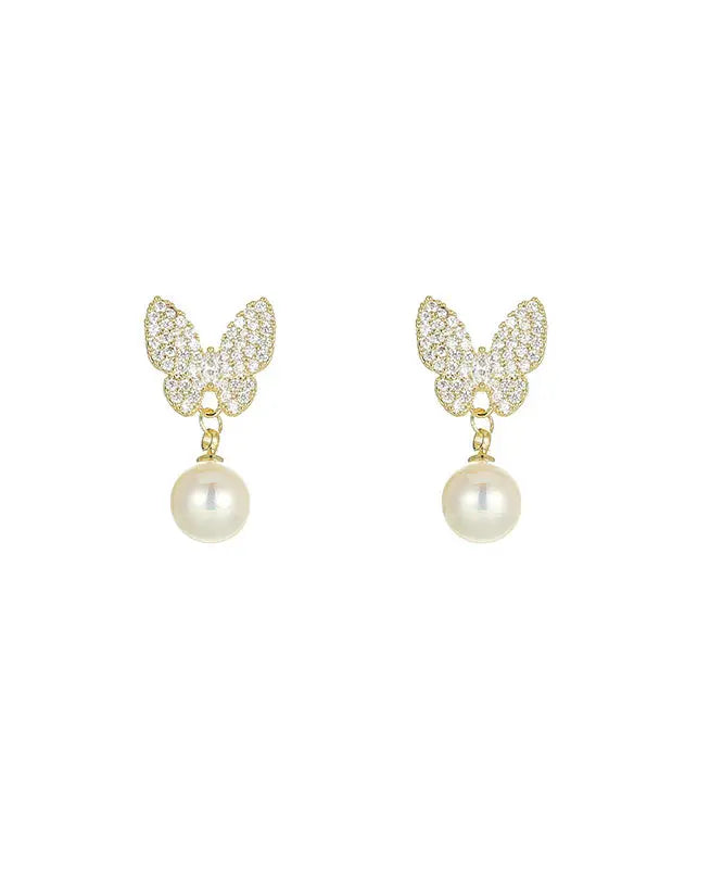 Handmade Apricot Pearl Zircon Asymmetric Butterfly Drop Earrings Ada Fashion