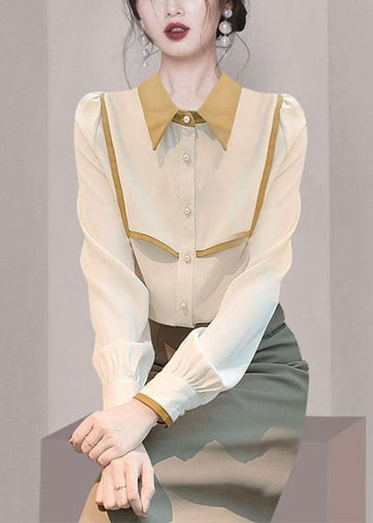 Handmade Apricot Peter Pan Collar Patchwork Chiffon Shirt Tops Spring LY0367 - fabuloryshop