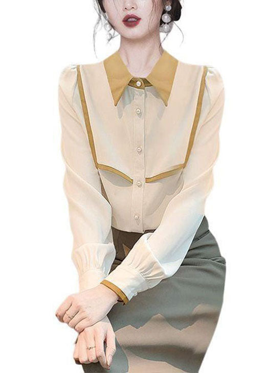 Handmade Apricot Peter Pan Collar Patchwork Chiffon Shirt Tops Spring LY0367 - fabuloryshop