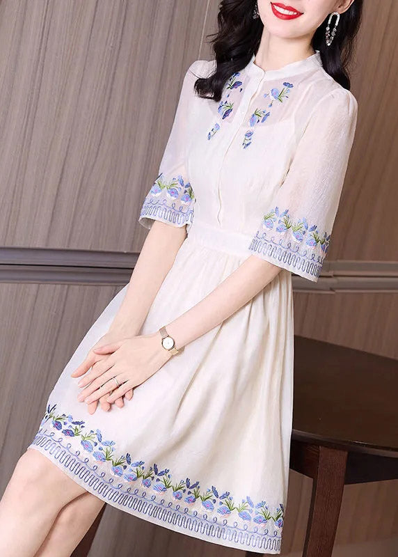 Handmade Apricot Stand Collar Embroideried Floral Slim Mid Dress Short Sleeve LY4499 - fabuloryshop