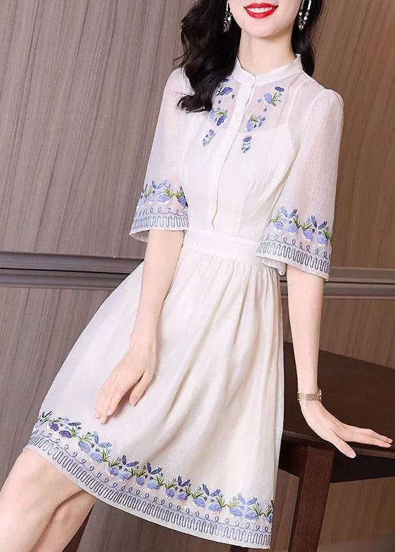 Handmade Apricot Stand Collar Embroideried Floral Slim Mid Dress Short Sleeve TI1005 - fabuloryshop