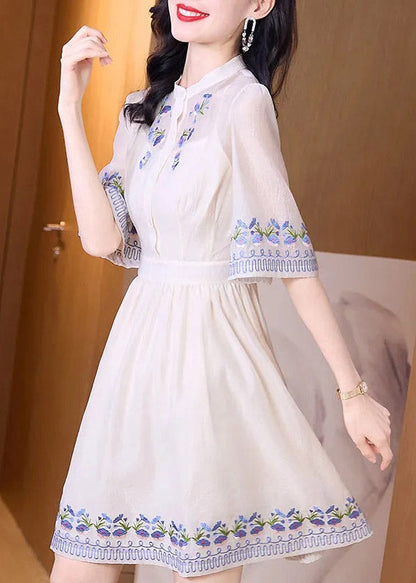 Handmade Apricot Stand Collar Embroideried Floral Slim Mid Dress Short Sleeve TI1005 - fabuloryshop