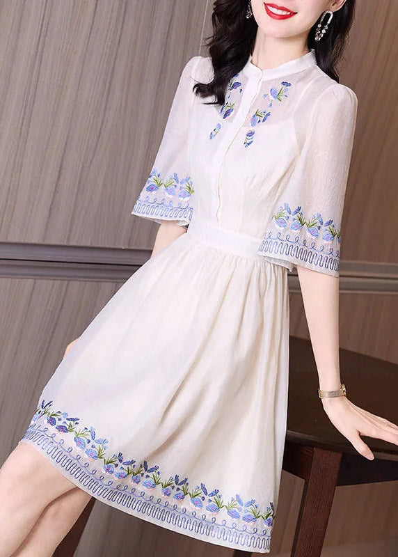 Handmade Apricot Stand Collar Embroideried Floral Slim Mid Dress Short Sleeve LY4499 - fabuloryshop