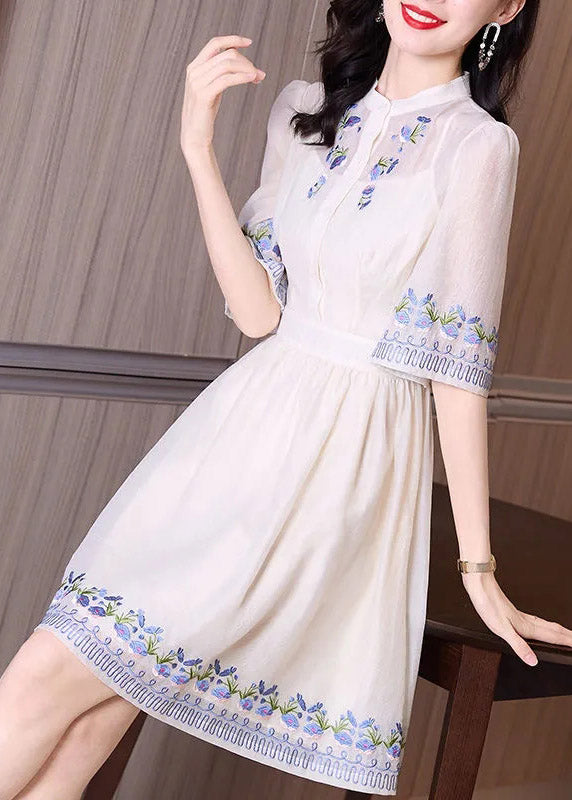 Handmade Apricot Stand Collar Embroideried Floral Slim Mid Dress Short Sleeve LY4499 - fabuloryshop
