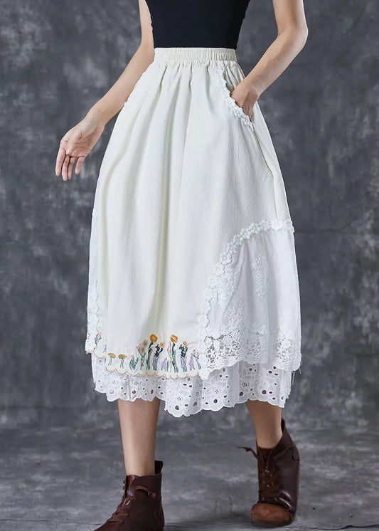 Handmade Beige Embroidered Patchwork Cotton Skirt Fall Ada Fashion