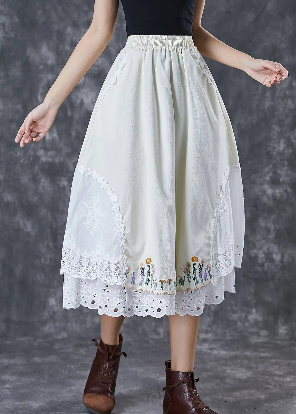 Handmade Beige Embroidered Patchwork Cotton Skirt Fall Ada Fashion