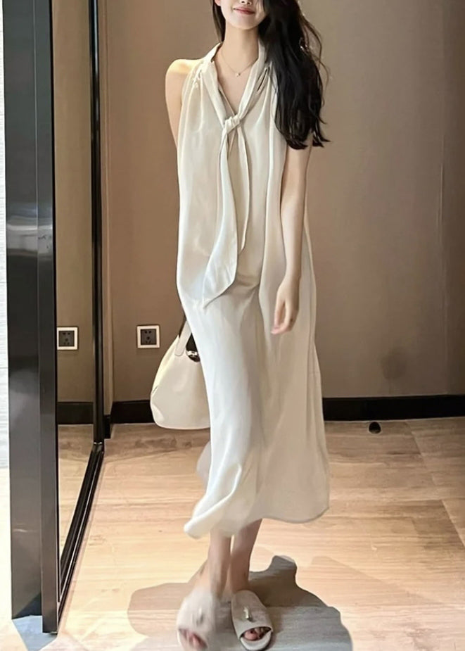 Handmade Beige Neck Tie Holiday Chiffon Maxi Dress Sleeveless LY2702 - fabuloryshop