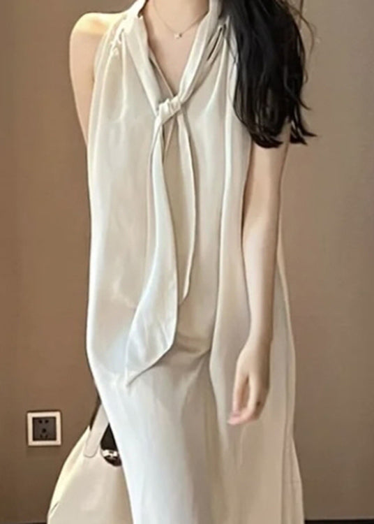 Handmade Beige Neck Tie Holiday Chiffon Maxi Dress Sleeveless LY2702 - fabuloryshop