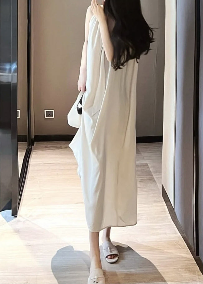 Handmade Beige Neck Tie Holiday Chiffon Maxi Dress Sleeveless LY2702 - fabuloryshop