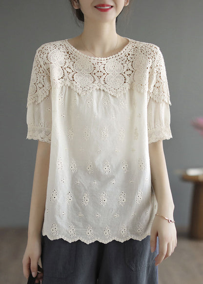 Handmade Beige O-Neck Patchwork Lace Cotton Tanks Summer TG1003 - fabuloryshop