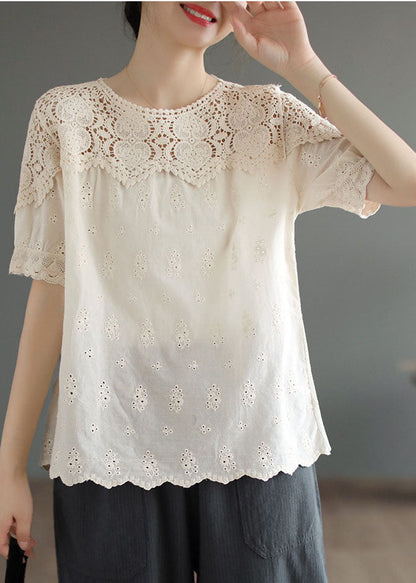 Handmade Beige O-Neck Patchwork Lace Cotton Tanks Summer TG1003 - fabuloryshop