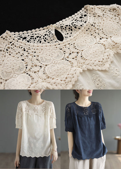 Handmade Beige O-Neck Patchwork Lace Cotton Tanks Summer TG1003 - fabuloryshop