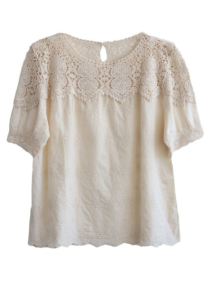 Handmade Beige O-Neck Patchwork Lace Cotton Tanks Summer TG1003 - fabuloryshop