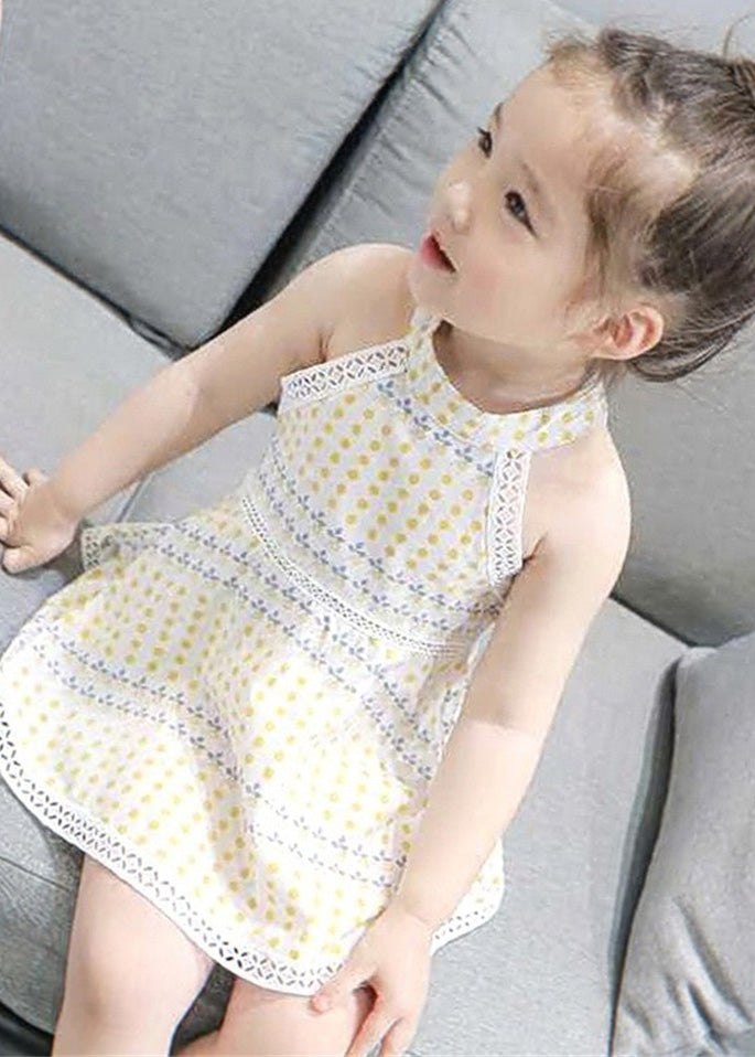 Handmade Beige O-Neck Print Patchwork Baby Mid Dress Sleeveless LY6377 Ada Fashion