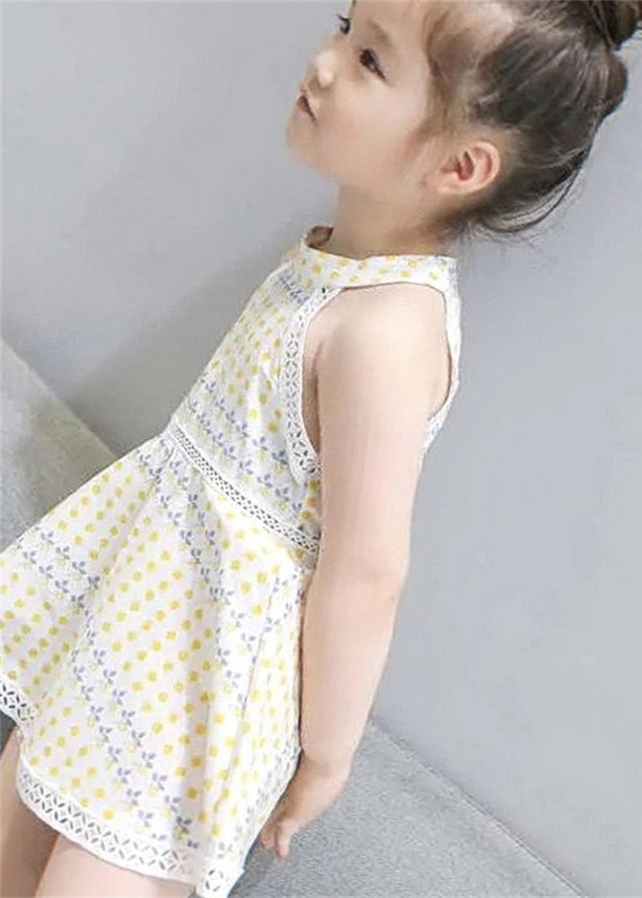 Handmade Beige O-Neck Print Patchwork Baby Mid Dress Sleeveless LY6377 Ada Fashion