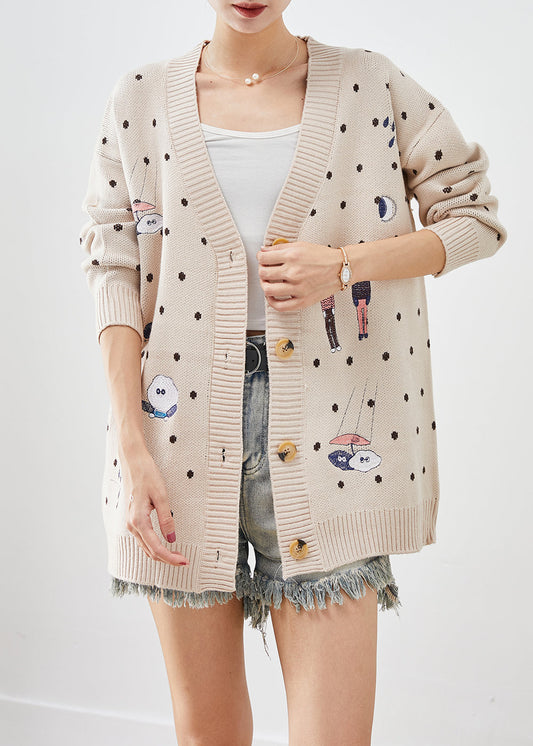 Handmade Beige Oversized Cartoon Print Knit Cardigan Fall Ada Fashion