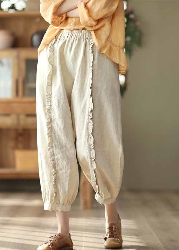 Handmade Beige Ruffled Patchwork Linen Crop Pants Summer LY0241 - fabuloryshop