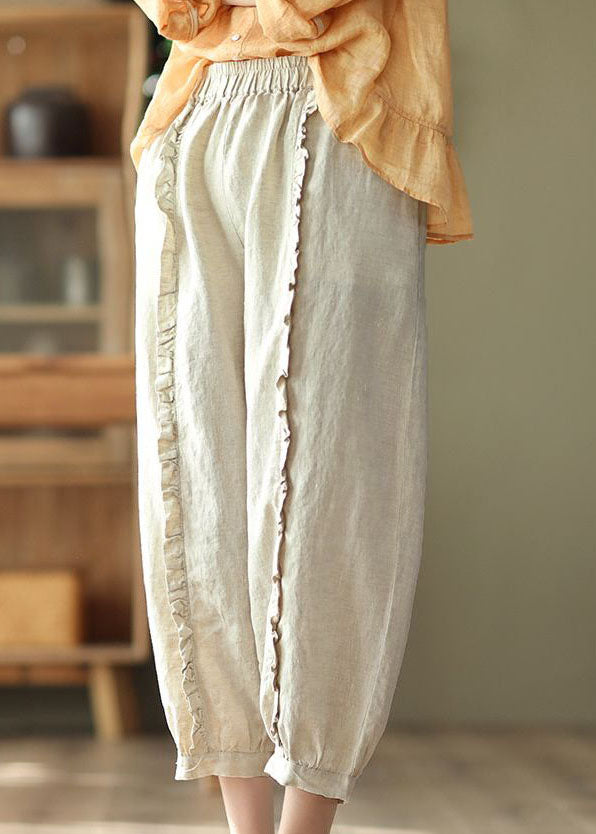 Handmade Beige Ruffled Patchwork Linen Crop Pants Summer LY0241 - fabuloryshop