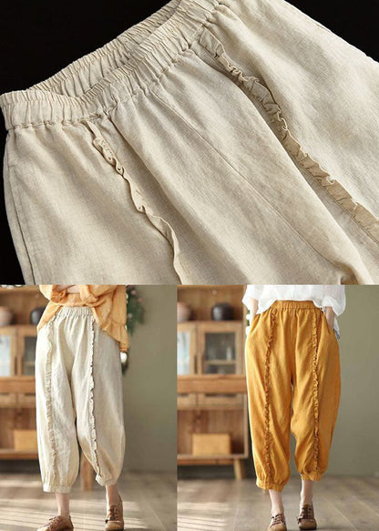 Handmade Beige Ruffled Patchwork Linen Crop Pants Summer LY0241 - fabuloryshop