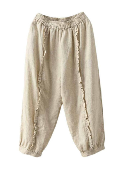 Handmade Beige Ruffled Patchwork Linen Crop Pants Summer LY0241 - fabuloryshop