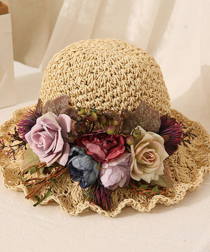 Handmade Beige Ruffled Straw Woven Floral Holiday Bucket Hat LY548 - fabuloryshop