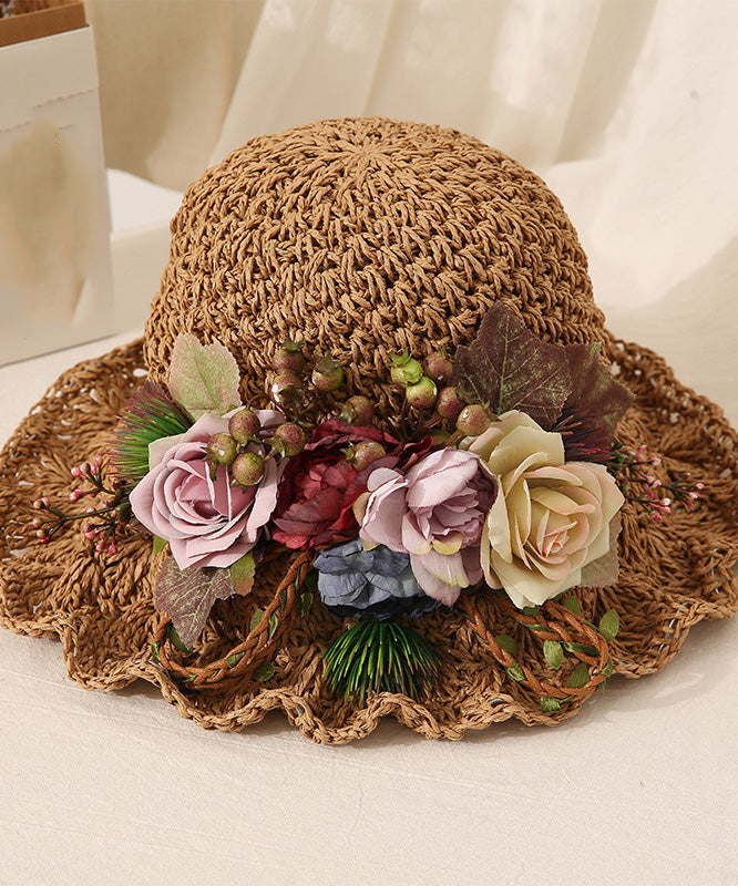 Handmade Beige Ruffled Straw Woven Floral Holiday Bucket Hat LY548 - fabuloryshop