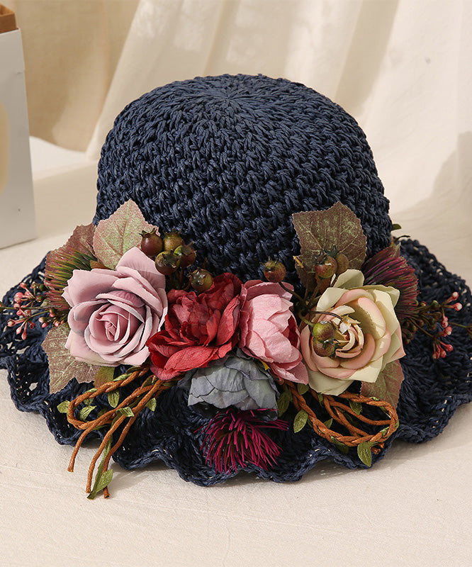 Handmade Beige Ruffled Straw Woven Floral Holiday Bucket Hat LY548 - fabuloryshop