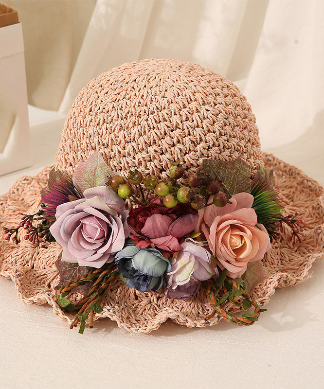 Handmade Beige Ruffled Straw Woven Floral Holiday Bucket Hat LY548 - fabuloryshop
