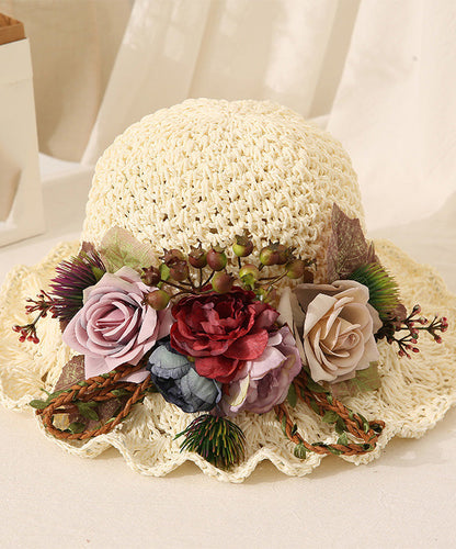 Handmade Beige Ruffled Straw Woven Floral Holiday Bucket Hat LY548 - fabuloryshop