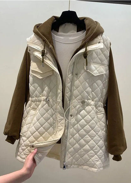 Handmade Beige Zippered Patchwork Drawstring Winter Hooded Coats Fall Ada Fashion