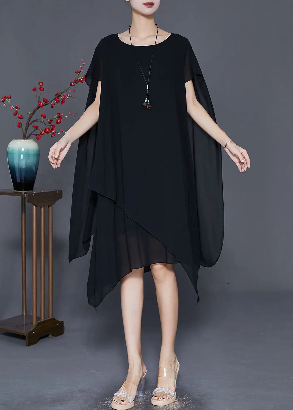 Handmade Black Asymmetrical Design Chiffon Maxi Dresses Summer Ada Fashion