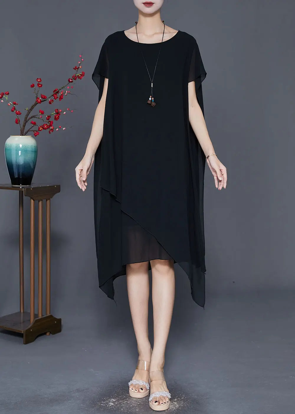 Handmade Black Asymmetrical Design Chiffon Maxi Dresses Summer Ada Fashion