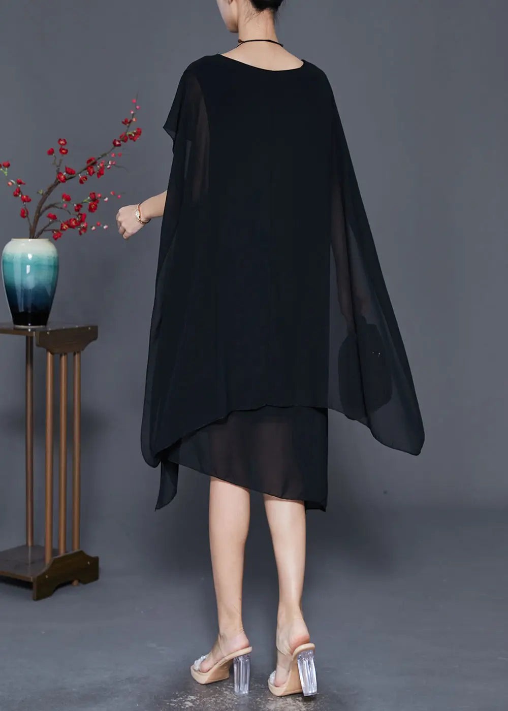 Handmade Black Asymmetrical Design Chiffon Maxi Dresses Summer Ada Fashion